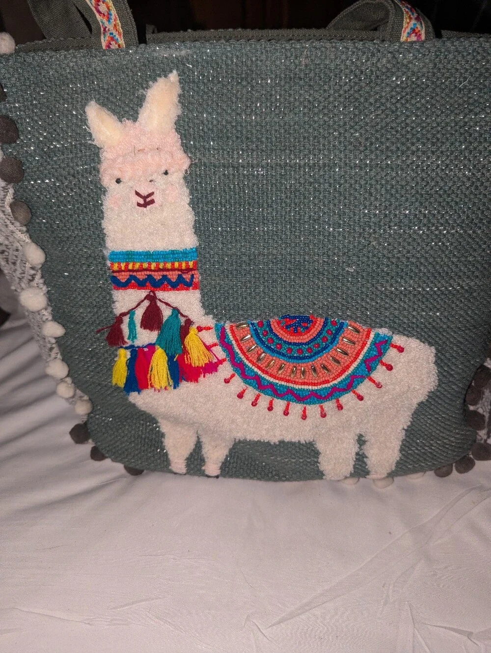 America & Beyond Green Llama Embroidered Tote Bag with Pom Trim